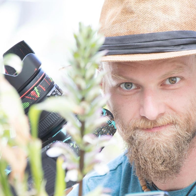 Andrew James Ferris in a straw hat, a camera lens over his shoulder, looking through the leaves
